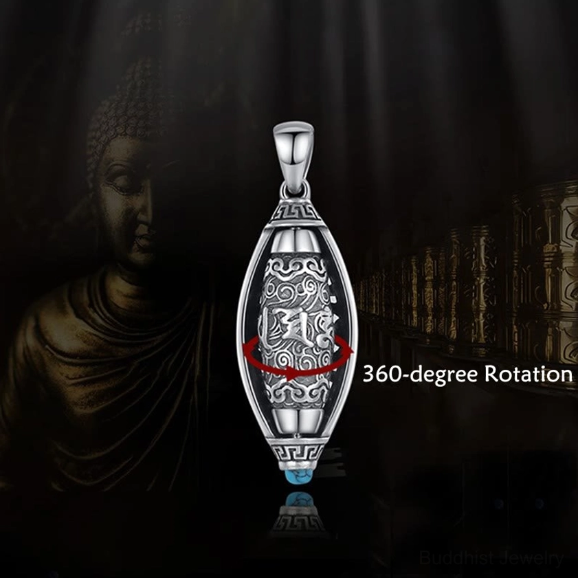 Buddhist mantra necklace featuring carved Sanskrit Om Mani Padme Hum pendant, retro carved patterns with 360 rotation mark and blue stone detail