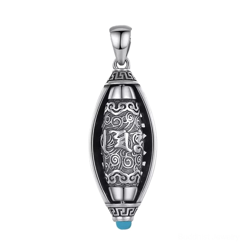 Rotating Buddhist mantra pendant necklace studio front view, clear Sanskrit Om Mani Padme Hum patterns, rotatable inner core with blue accent