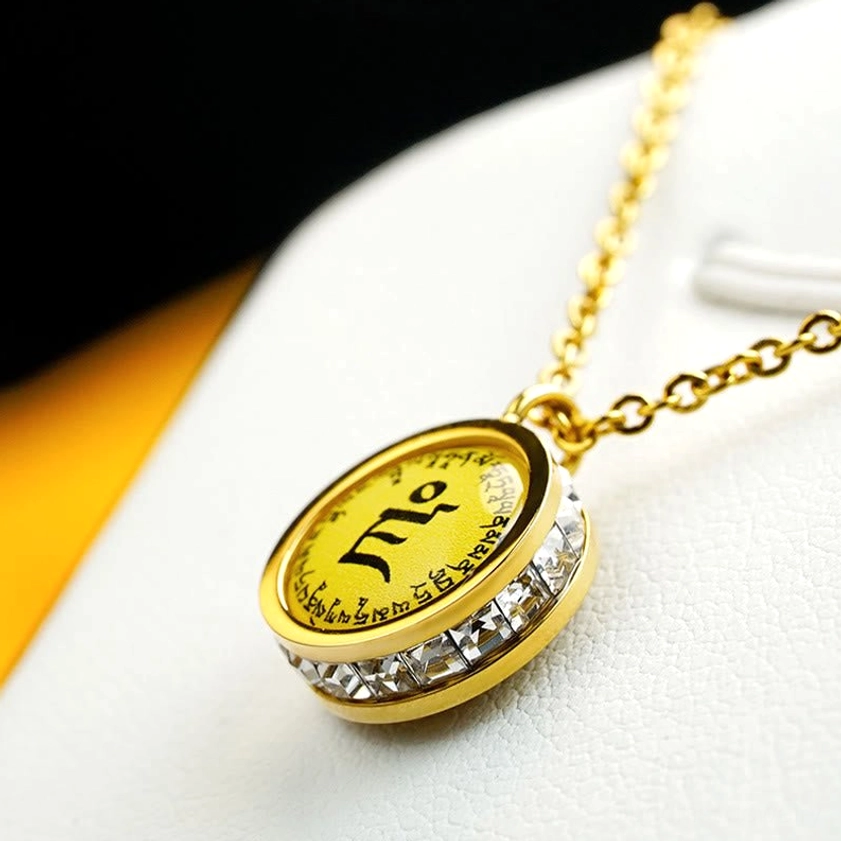 Buddhist mantra pendant necklace side profile - Om Mani Padme Hum sacred inscription with gold-tone titanium steel finish