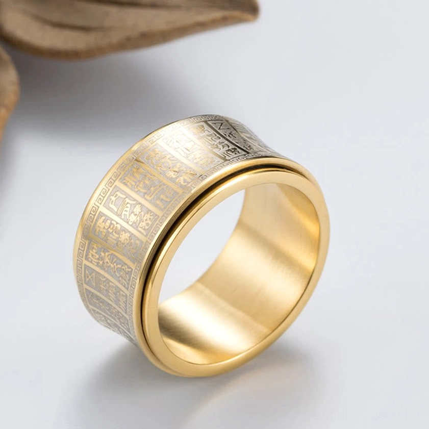 Buddhist mantra spinner ring profile showing rotating engraved band