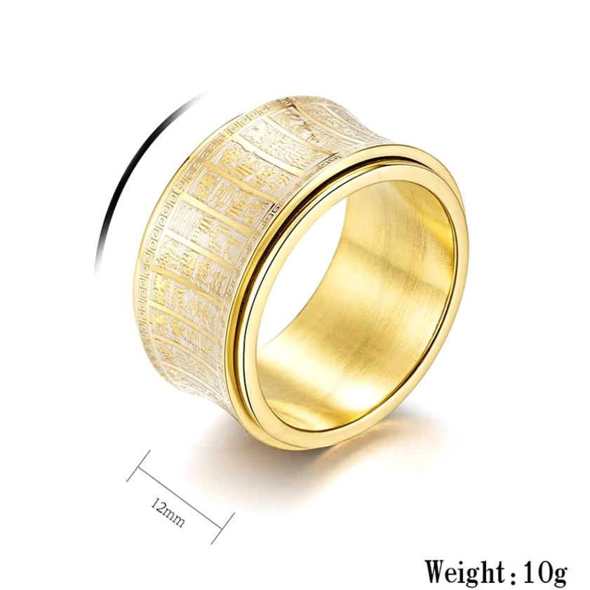Buddhist spinner ring specifications - 12mm band width and 10g weight shown