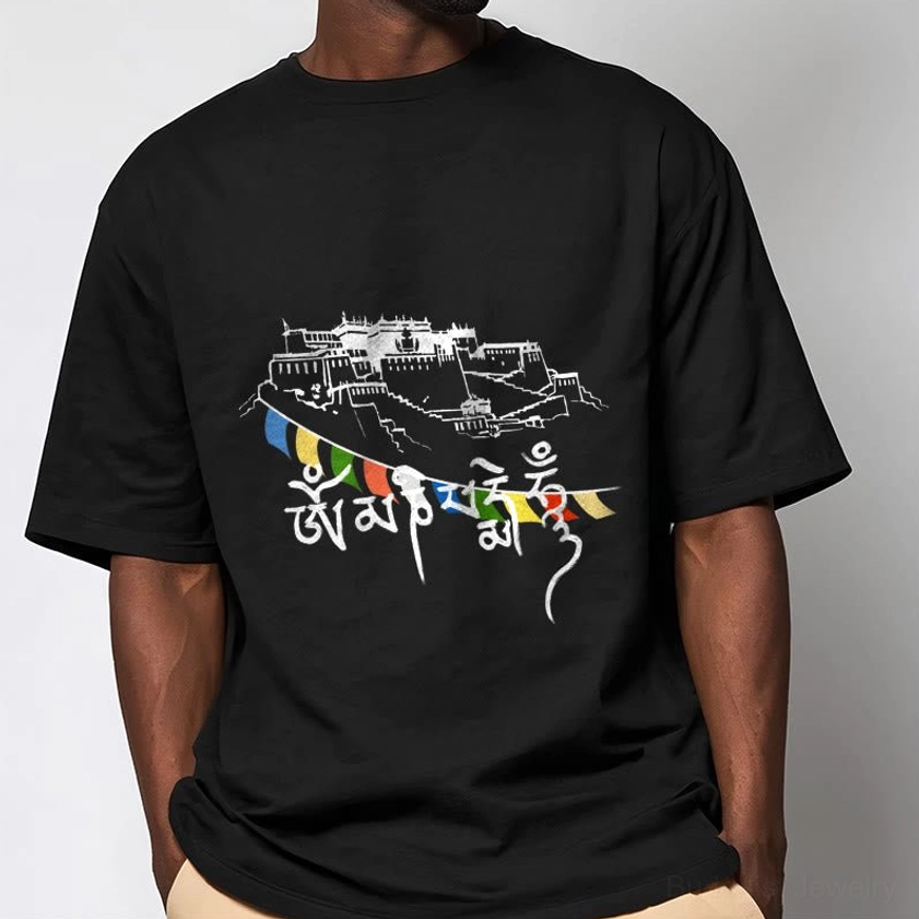 Male model styled in black Om Mani Padme Hum Buddhist t-shirt paired with khaki pants, relaxed casual fit