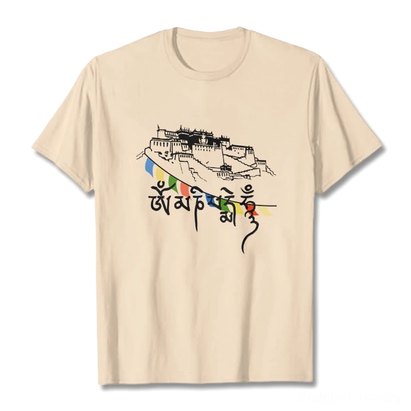 Buddhist prayer flag t-shirt with Om Mani Padme Hum design detail shot showing graphic print quality and fabric texture