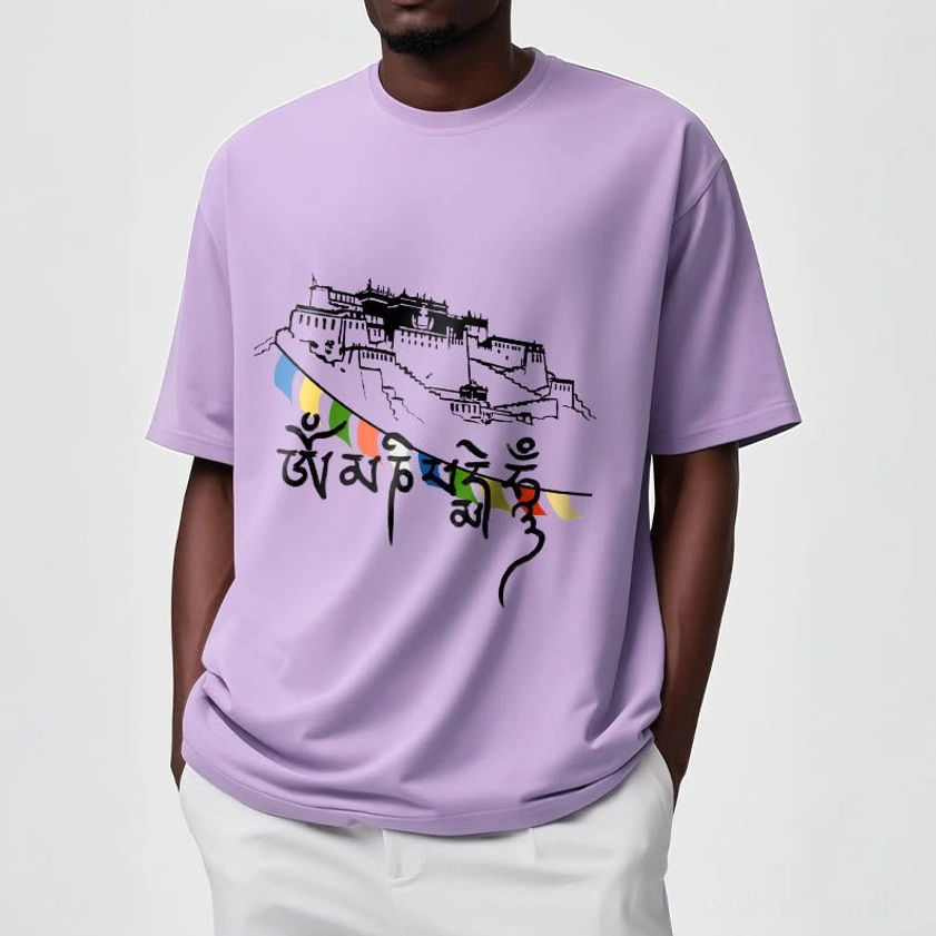 Female model wearing Buddhist prayer flag t-shirt in casual everyday setting, demonstrating comfortable fit and style