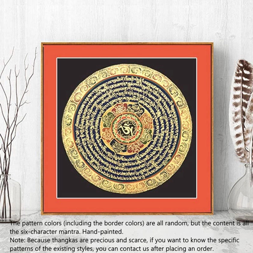 Authentic Buddhist thangka wall art featuring sacred six-syllable mantra with golden circular dharma wheel pattern and red border, perfect for meditation space styling