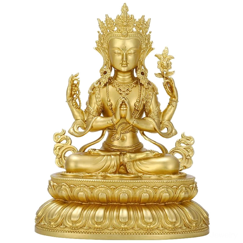 Buddhist meditation altar setup with hand-cast copper statues and sacred lotus pedestals