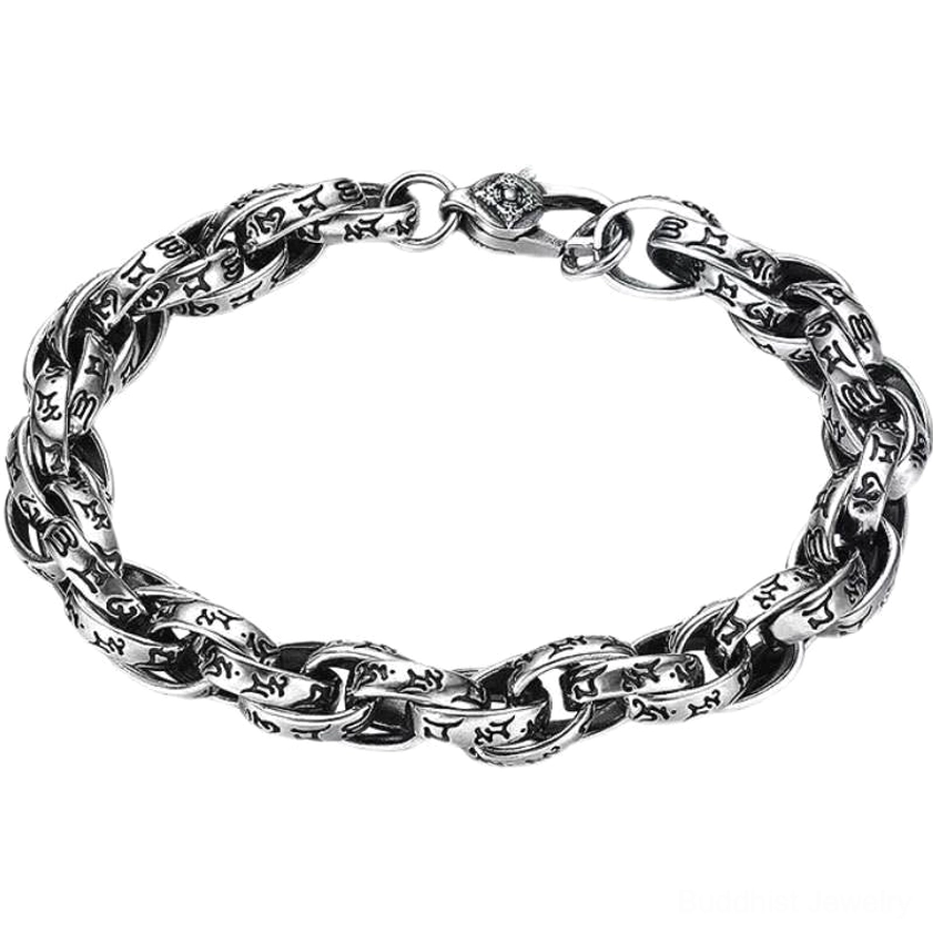 Complete loop view of handcrafted Buddhist mantra bracelet with ornate central clasp on neutral background