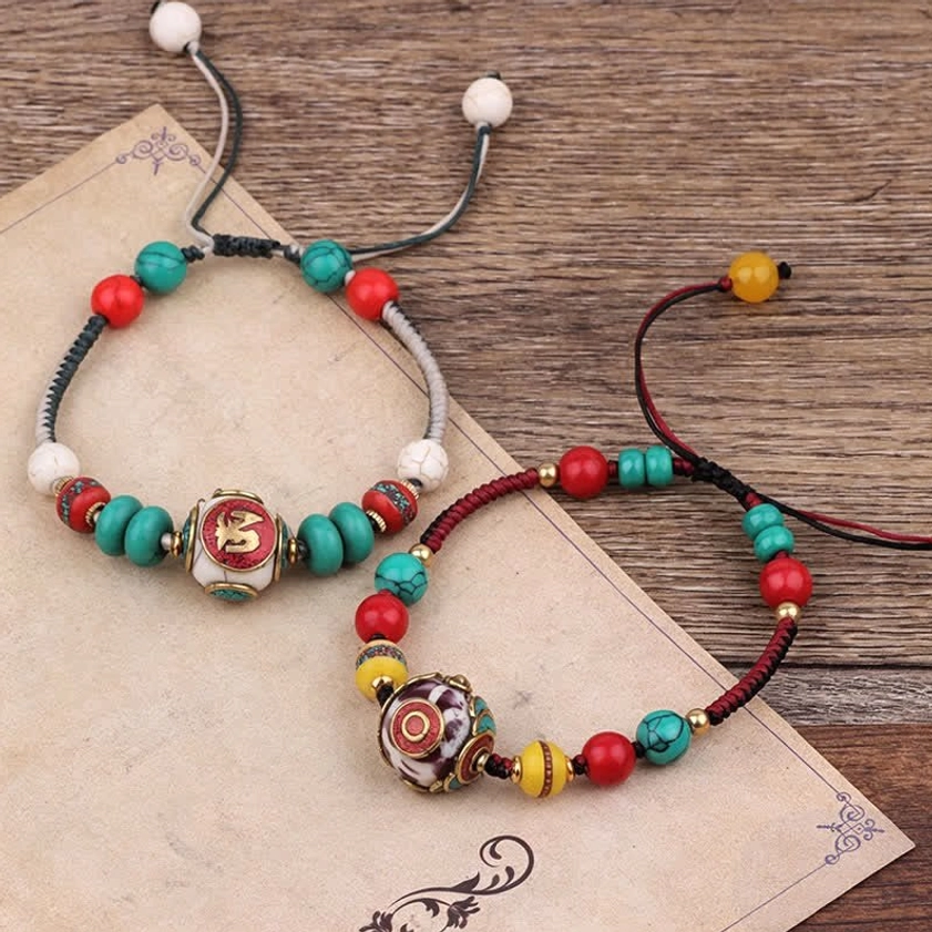 Buddhist meditation bracelet with braided rope and healing crystals, artisan made spiritual accessory