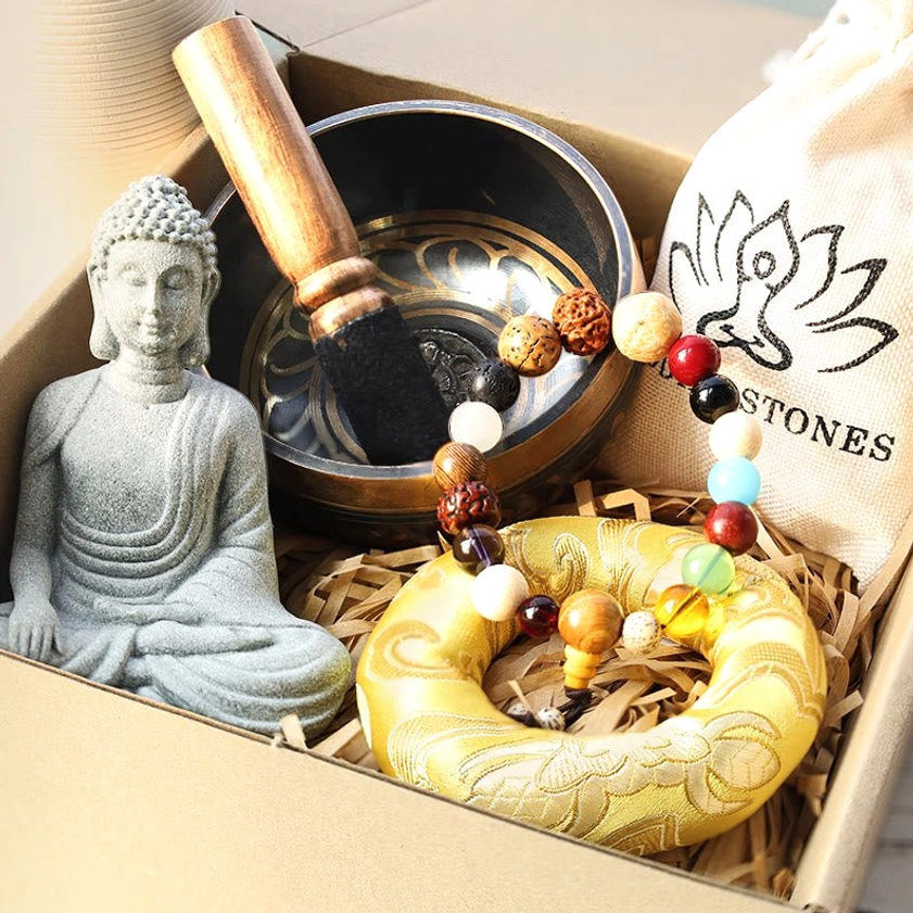 Complete Buddhist meditation gift bundle set in kraft box including singing bowl, mala beads, Buddha statue, and cushion
