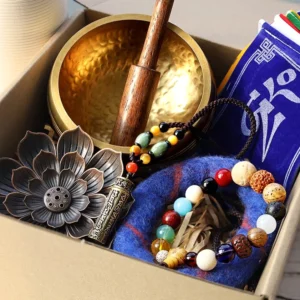 Buddhist meditation gift bundle complete set with singing bowl, mala beads, necklace, incense holder and prayer flags unboxed