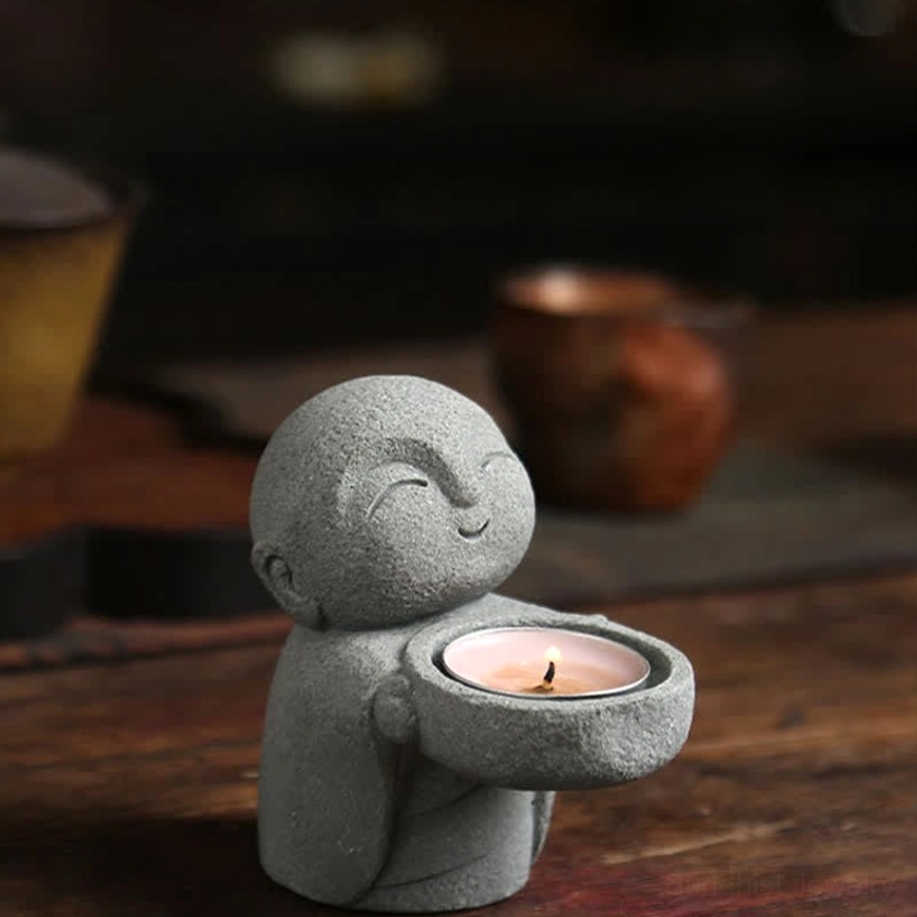 Handcrafted Buddhist meditation candle holder - full product profile showing artistic resin work
