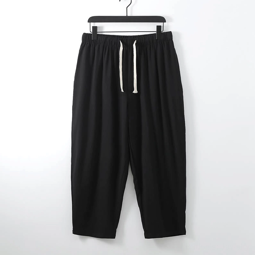Buddhist meditation ankle-length cotton pants in black - drawstring waist and wide cropped wrinkled fabric legs