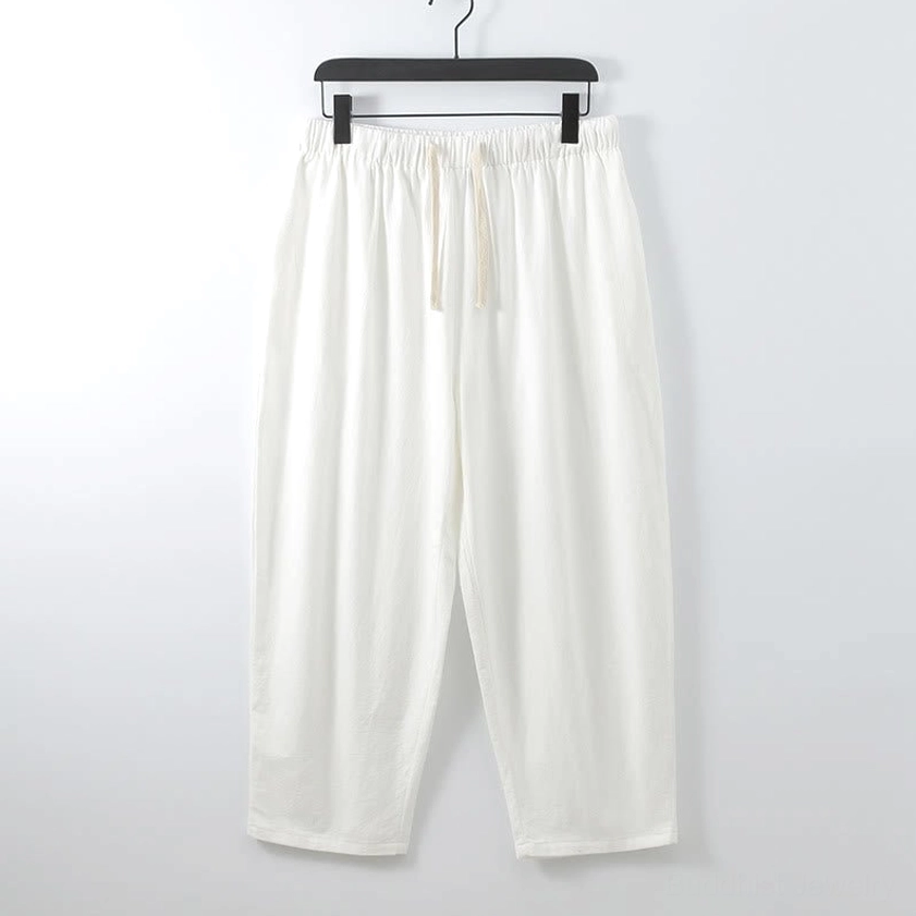 Buddhist meditation ankle-length cotton pants in cream white - drawstring waist and wide cropped leg design