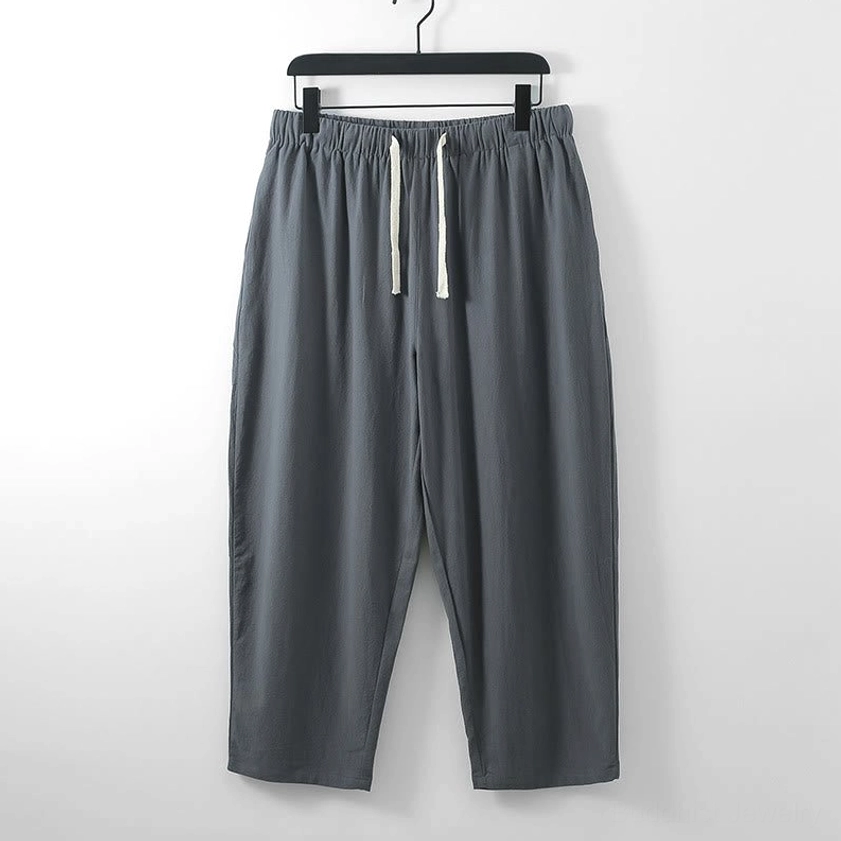 Buddhist meditation ankle-length cotton pants with drawstring waistband - steel blue color front hanging display