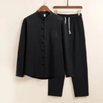 Men's Buddhist meditation cotton shirt and pants set with frog buttons, black color, front display view