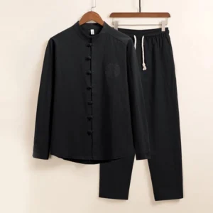 Men's Buddhist meditation cotton shirt and pants set with frog buttons, black color, front display view