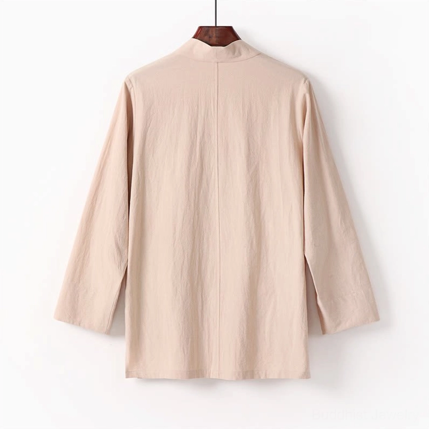 Buddhist meditation open-front kimono coat - showing loose three-quarter sleeves and natural waistline
