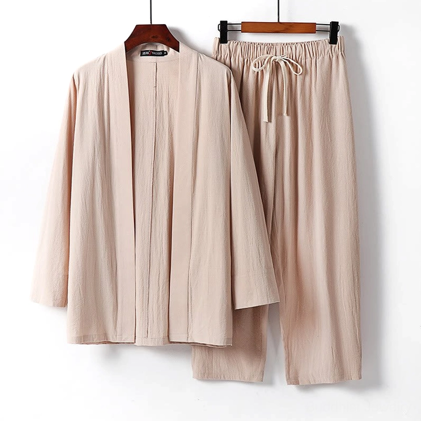Buddhist meditation cotton kimono loungewear set - detail view of fabric texture and craftsmanship