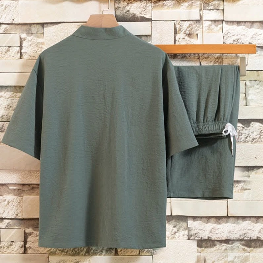 Buddhist meditation linen clothing set detail showing natural fabric weave, texture, and quality craftsmanship of traditional-inspired garment