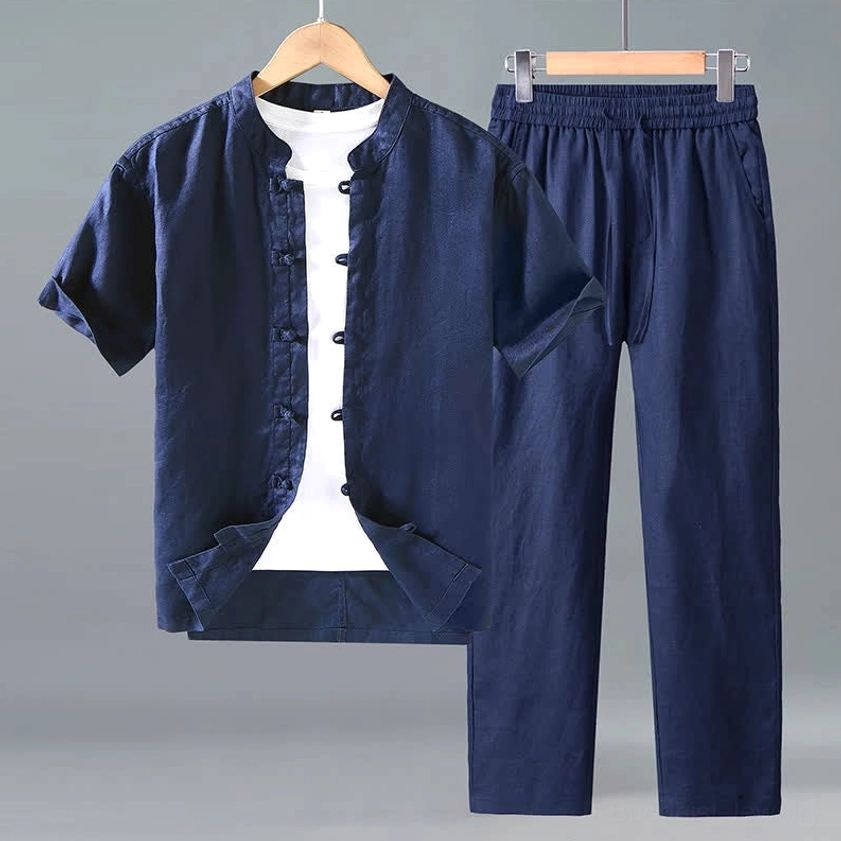 Midnight navy blue Buddhist linen meditation Tang style men's set with mandarin collar and frog buttons
