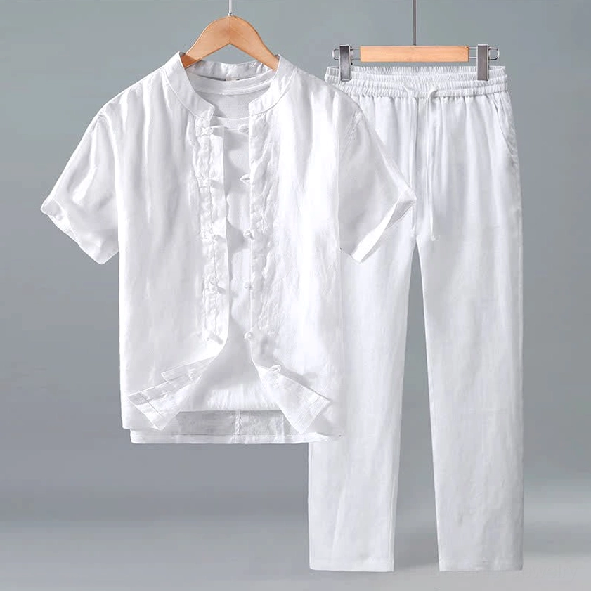 Pure white linen Buddhist meditation Tang style men's set with traditional mandarin collar design