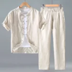 Natural beige linen Buddhist meditation Tang style men's set with mandarin collar and frog buttons - front flat view