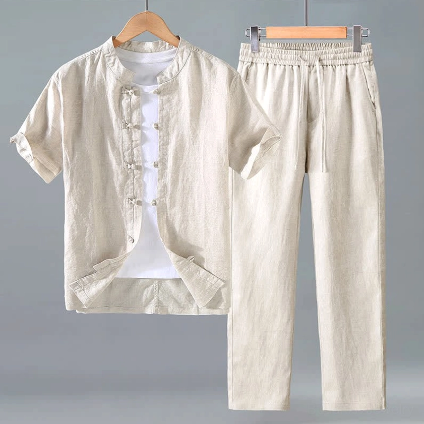 Natural beige linen Buddhist meditation Tang style men's set with mandarin collar and frog buttons - front flat view