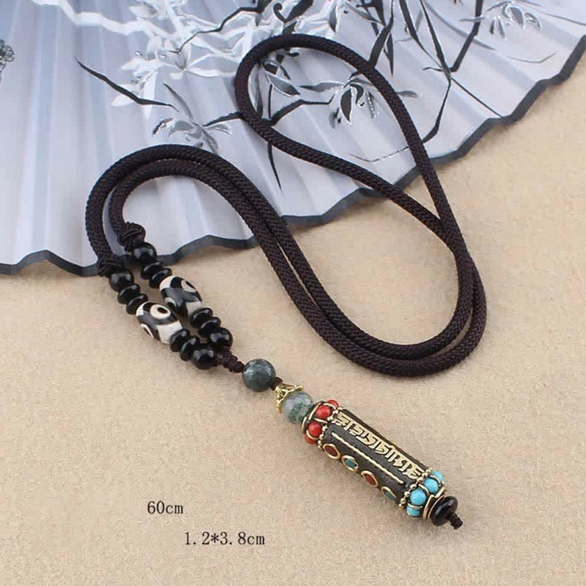 Buddhist mantra necklace with natural gemstone beads, spiritual meditation jewelry collection