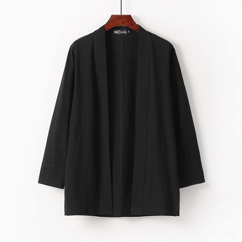 Buddhist meditation open-front kimono coat in black cotton - three-quarter sleeves and casual fit