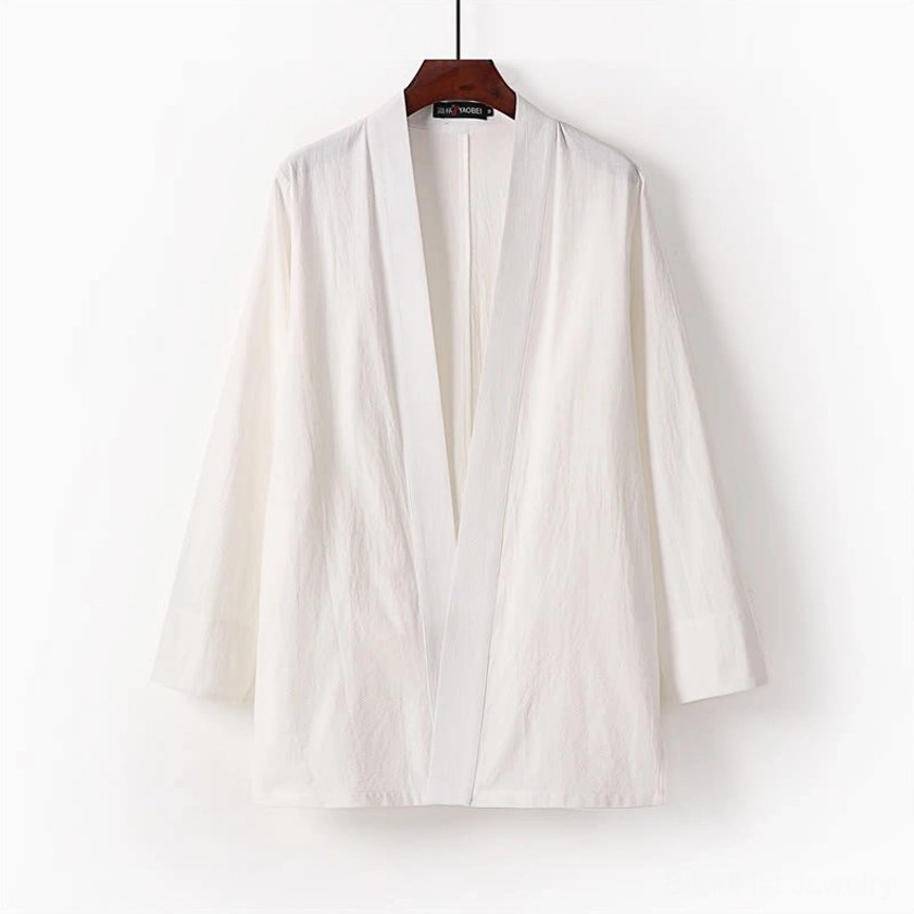 Buddhist meditation open-front kimono coat in cream cotton - three-quarter sleeves front hanging view