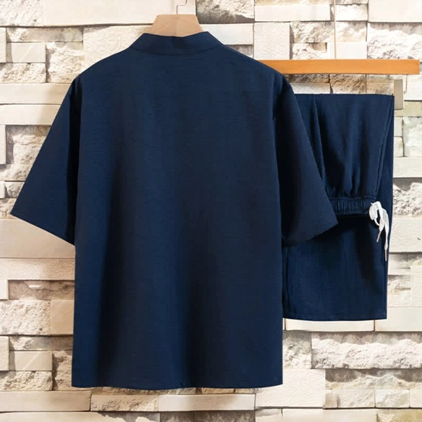 Buddhist meditation clothing set showcasing traditional mandarin collar design and artisanal frog button construction for spiritual practice