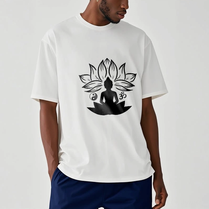 Man wearing Buddhist graphic tee with white Om Yin Yang lotus print on black cotton shirt, casual crew neck style