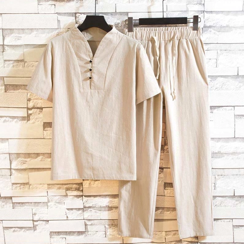 Buddhist linen meditation suit antique white color henley shirt drawstring pants