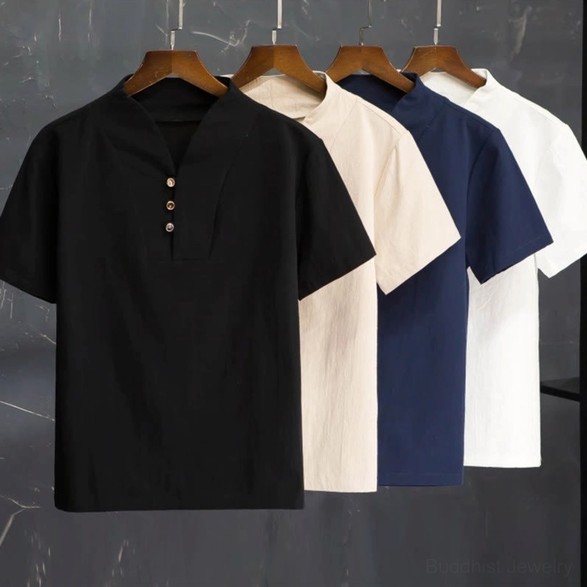 Buddhist linen casual suit multi-color variants steel blue antique white henley button shirt