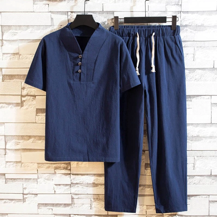 Buddhist linen meditation suit steel blue color henley shirt drawstring pants