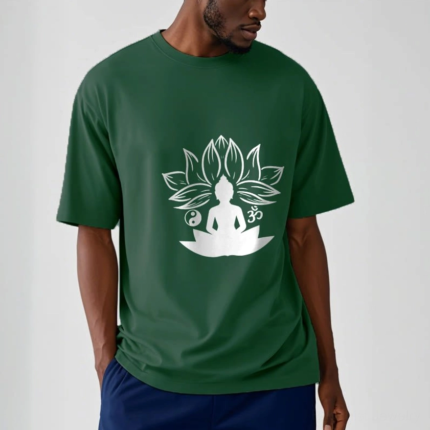 Buddhist T-shirt showing full front graphic with Om symbol and meditating Buddha on lotus flower