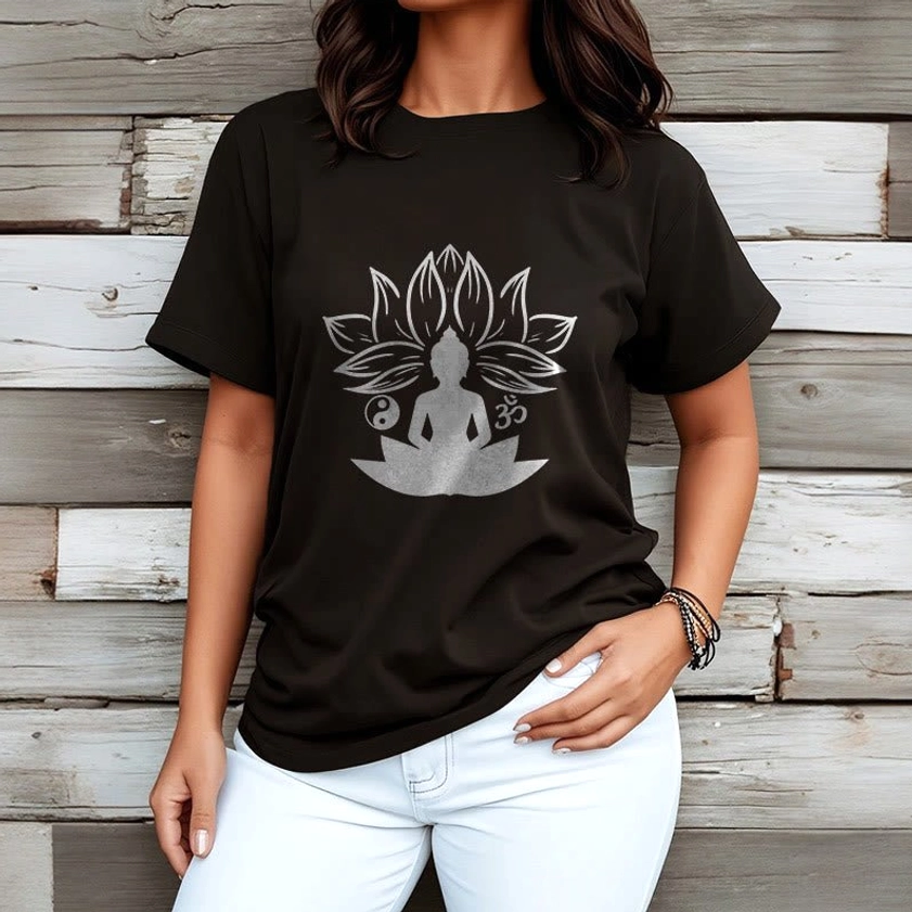 Woman modeling Buddhist graphic t-shirt with spiritual lotus design, crew neck short sleeve cotton