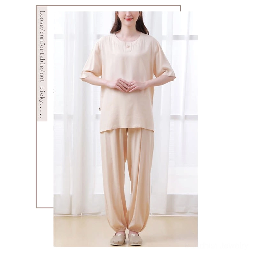 Full body meditation uniform beige front view hands folded mindfulness posture