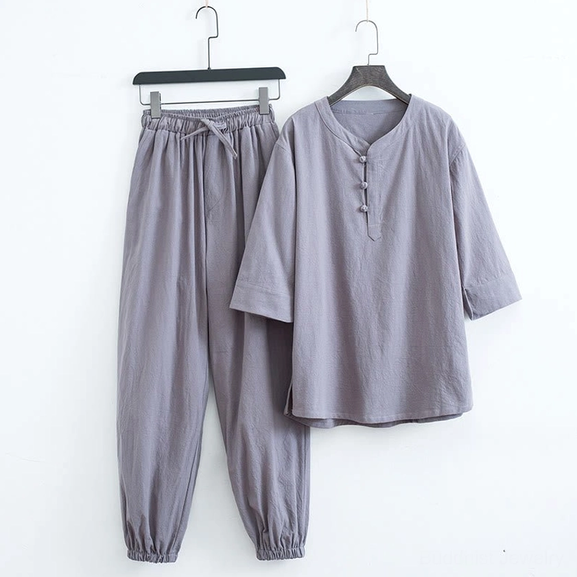 Men's Buddhist meditation wear set in dusty purple with frog buttons and elastic waist pants