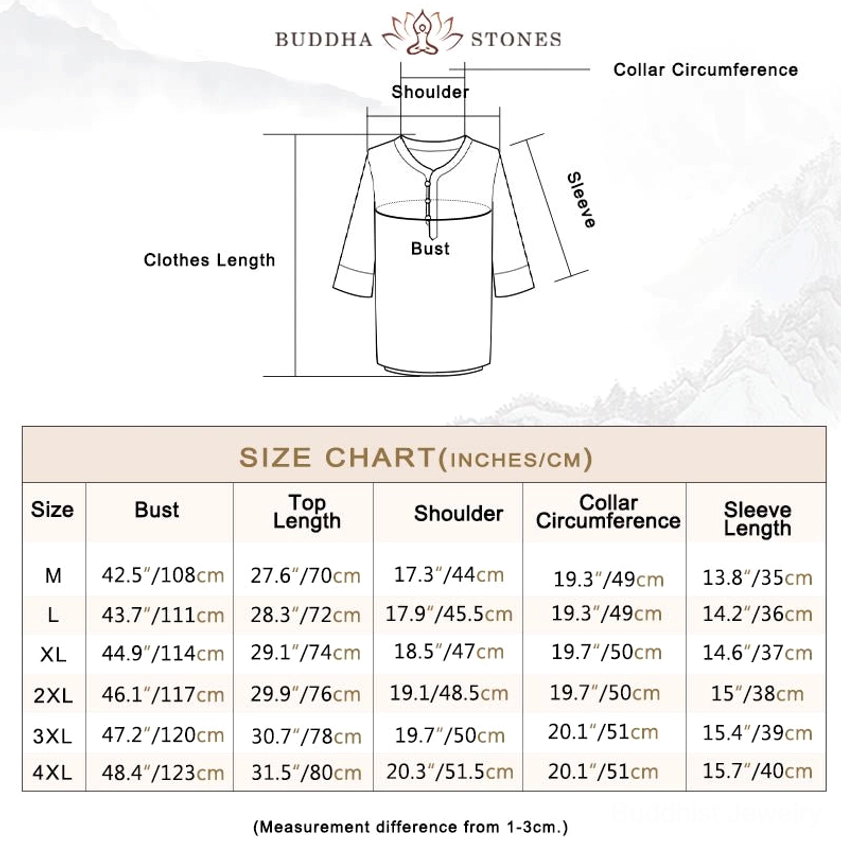 Men's meditation wear top size chart with bust length shoulder and sleeve measurements in inches and centimeters