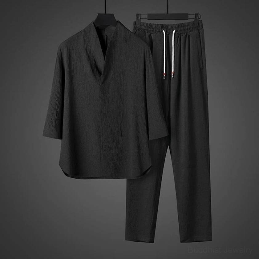 Buddhist casual mens outfit black linen three-quarter sleeve shirt black elastic waist pants