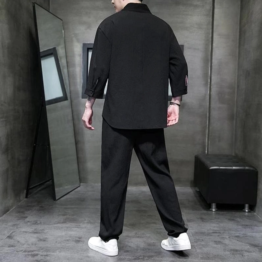 Zen Buddhist casual mens set black linen-style shirt elastic waist pants detailed angle studio view
