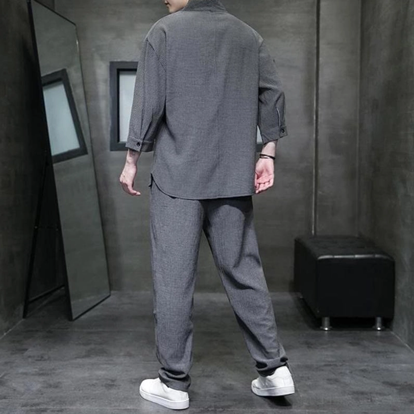 Buddhist linen mens casual set black V-neck three-quarter sleeve shirt black pants full-length