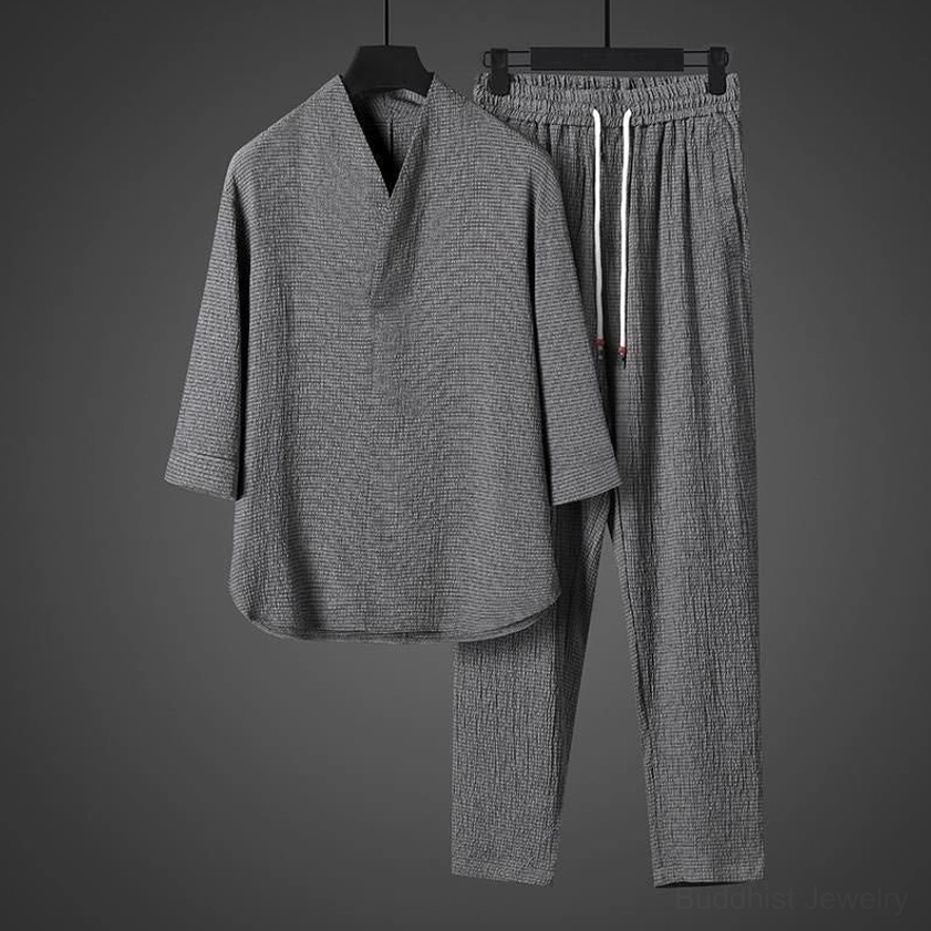 Zen Buddhist linen mens casual set dim gray three-quarter sleeve shirt gray pants neutral tones