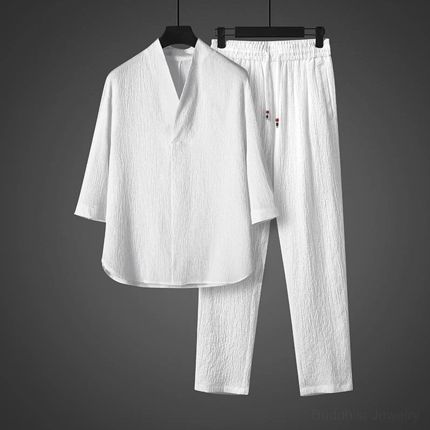 Buddhist linen mens casual set flat lay display white wrinkled shirt elastic waist pants studio shot