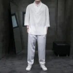 Men's Buddhist casual two-piece set white linen shirt gray pants front full-body view meditation wear
