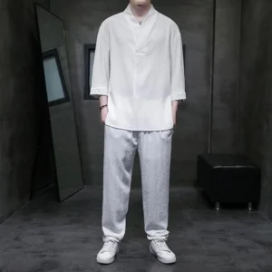 Men's Buddhist casual two-piece set white linen shirt gray pants front full-body view meditation wear