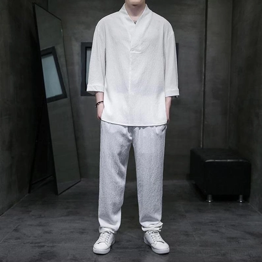 Men's Buddhist casual two-piece set white linen shirt gray pants front full-body view meditation wear