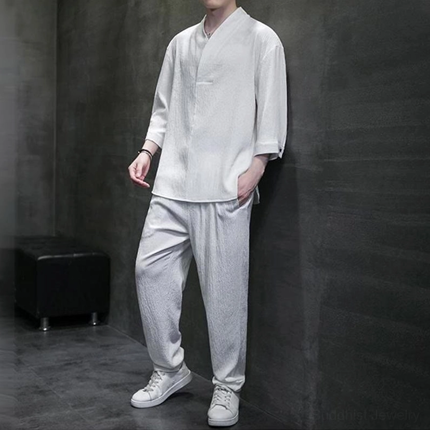 Buddhist casual two-piece mens set front full-body white three-quarter sleeve shirt loose gray pants