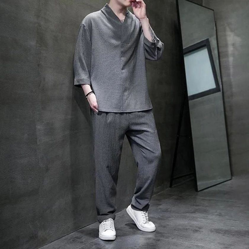 Zen Buddhist casual mens outfit black three-quarter sleeve linen shirt elastic waist pants